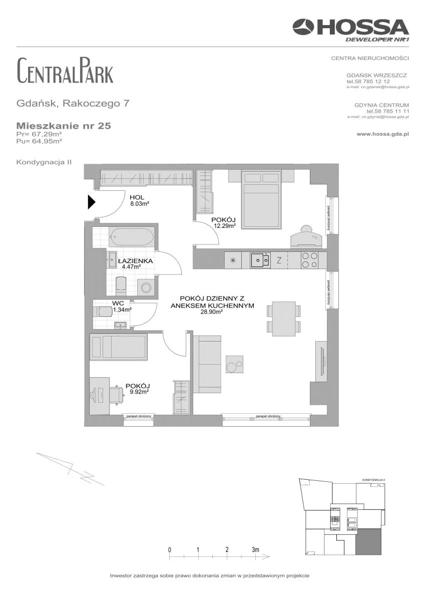 3 pokoje, mieszkanie 67,29 m², piętro 2, oferta nr CP/R7/25, Centralpark, Gdańsk, Piecki-Migowo, Morena, ul. Franciszka Rakoczego