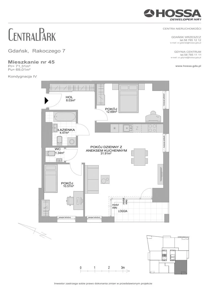 3 pokoje, mieszkanie 71,31 m², piętro 4, oferta nr CP/R7/45, Centralpark, Gdańsk, Piecki-Migowo, Morena, ul. Franciszka Rakoczego