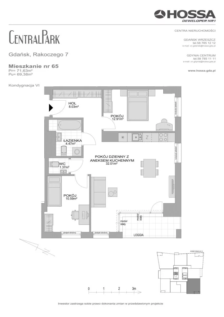 3 pokoje, mieszkanie 71,63 m², piętro 6, oferta nr CP/R7/65, Centralpark, Gdańsk, Piecki-Migowo, Morena, ul. Franciszka Rakoczego