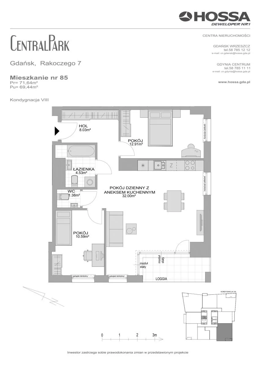 3 pokoje, mieszkanie 71,64 m², piętro 8, oferta nr CP/R7/85, Centralpark, Gdańsk, Piecki-Migowo, Morena, ul. Franciszka Rakoczego