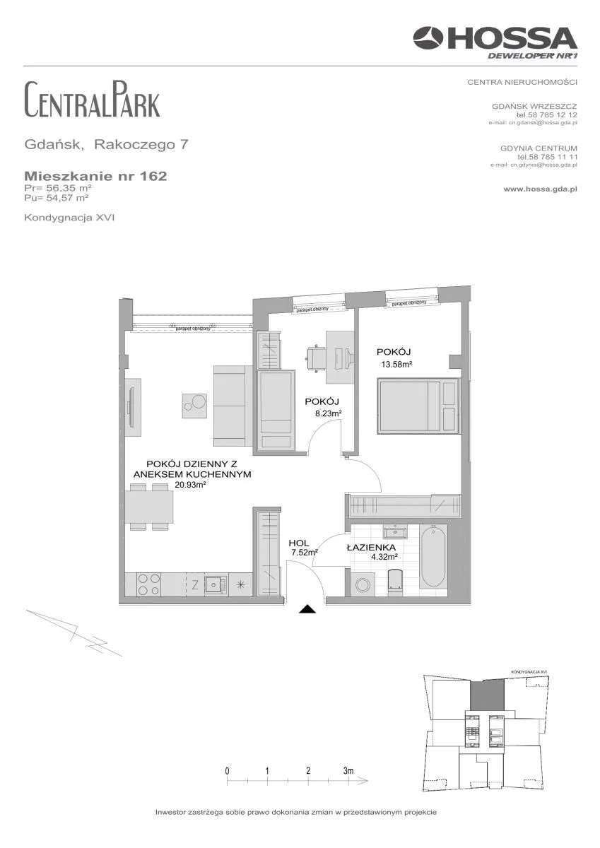 3 pokoje, mieszkanie 56,35 m², piętro 16, oferta nr CP/R7/162, Centralpark, Gdańsk, Piecki-Migowo, Morena, ul. Franciszka Rakoczego