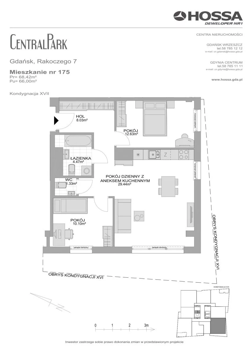 3 pokoje, mieszkanie 68,42 m², piętro 17, oferta nr CP/R7/175, Centralpark, Gdańsk, Piecki-Migowo, Morena, ul. Franciszka Rakoczego