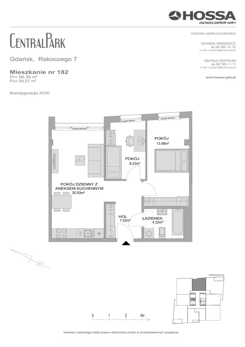3 pokoje, mieszkanie 56,35 m², piętro 18, oferta nr CP/R7/182, Centralpark, Gdańsk, Piecki-Migowo, Morena, ul. Franciszka Rakoczego