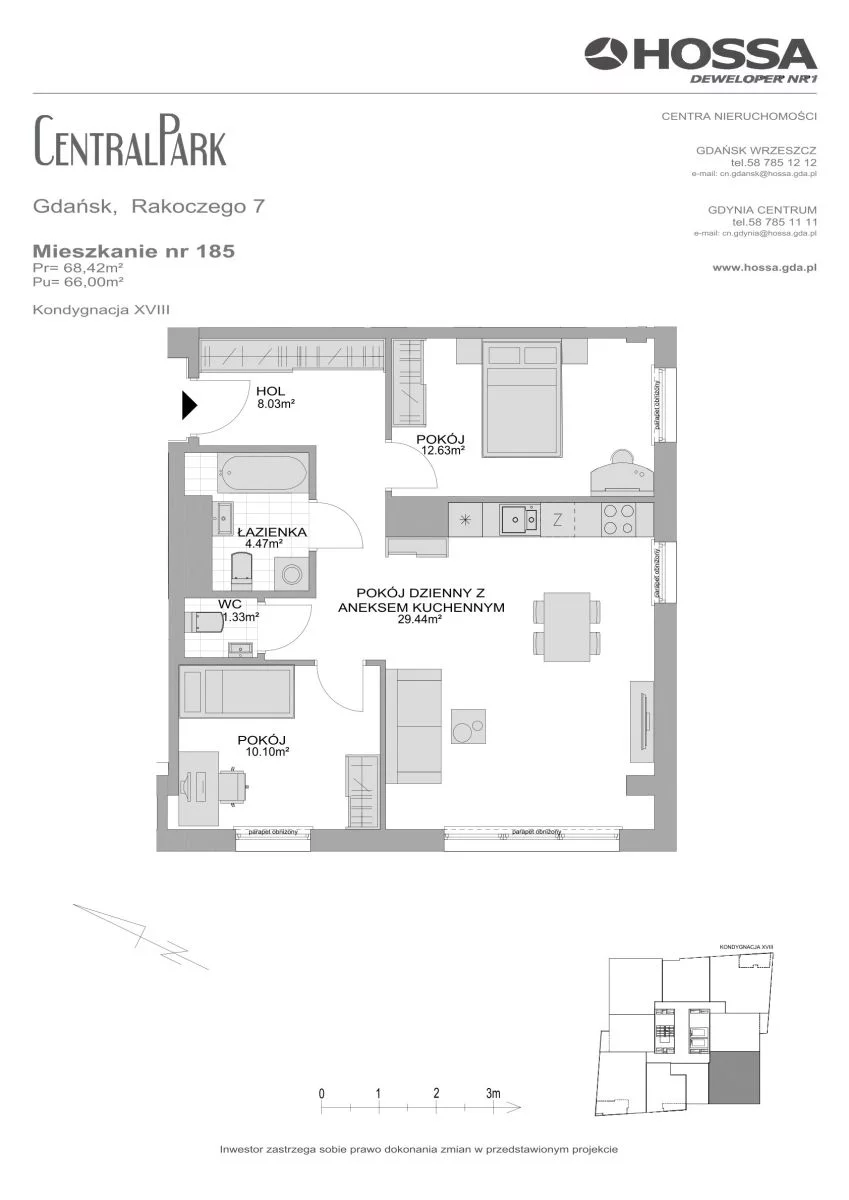 3 pokoje, mieszkanie 68,42 m², piętro 18, oferta nr CP/R7/185, Centralpark, Gdańsk, Piecki-Migowo, Morena, ul. Franciszka Rakoczego
