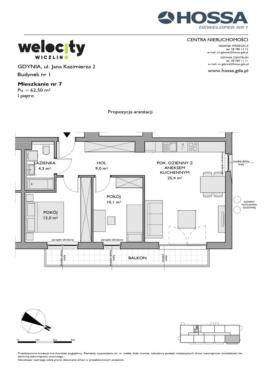 3 pokoje, mieszkanie 62,50 m², piętro 1, oferta nr W/1/7, Welocity Wiczlino, Gdynia, Chwarzno-Wiczlino, ul. Jana Kazimierza