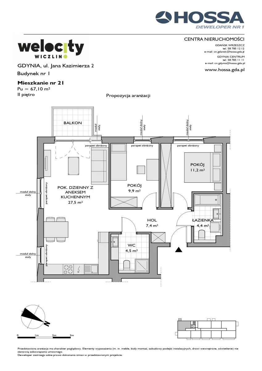 3 pokoje, mieszkanie 67,10 m², piętro 2, oferta nr W/1/21, Welocity Wiczlino, Gdynia, Chwarzno-Wiczlino, ul. Jana Kazimierza