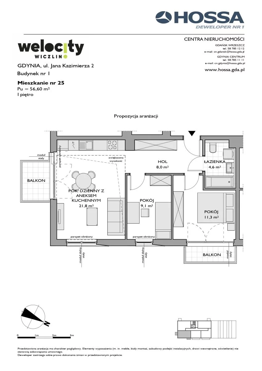 3 pokoje, mieszkanie 56,60 m², piętro 3, oferta nr W/1/25, Welocity Wiczlino, Gdynia, Chwarzno-Wiczlino, ul. Jana Kazimierza