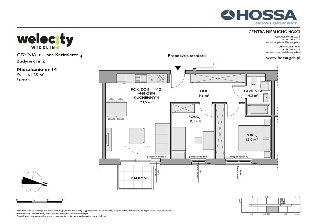 3 pokoje, mieszkanie 61,35 m², piętro 1, oferta nr W/2/14, Welocity Wiczlino, Gdynia, Chwarzno-Wiczlino, ul. Jana Kazimierza