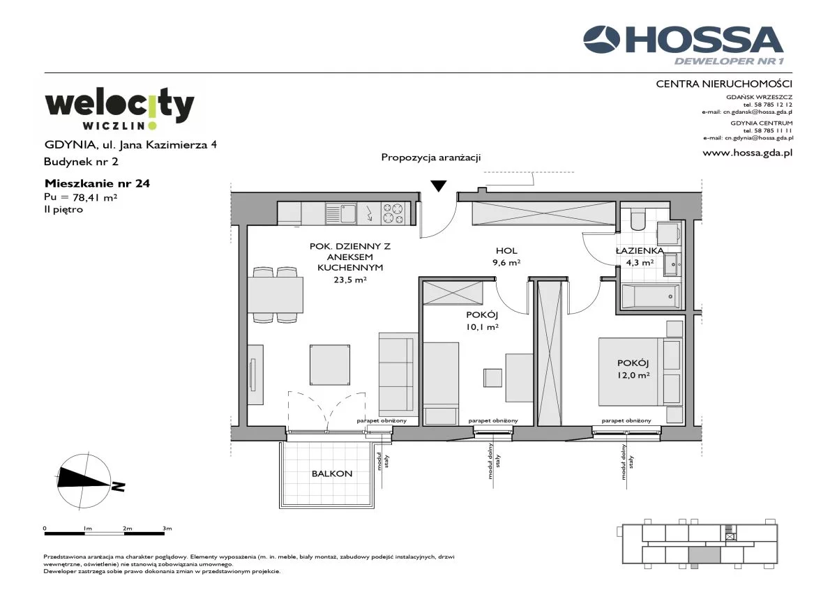 3 pokoje, mieszkanie 61,35 m², piętro 2, oferta nr W/2/24, Welocity Wiczlino, Gdynia, Chwarzno-Wiczlino, ul. Jana Kazimierza