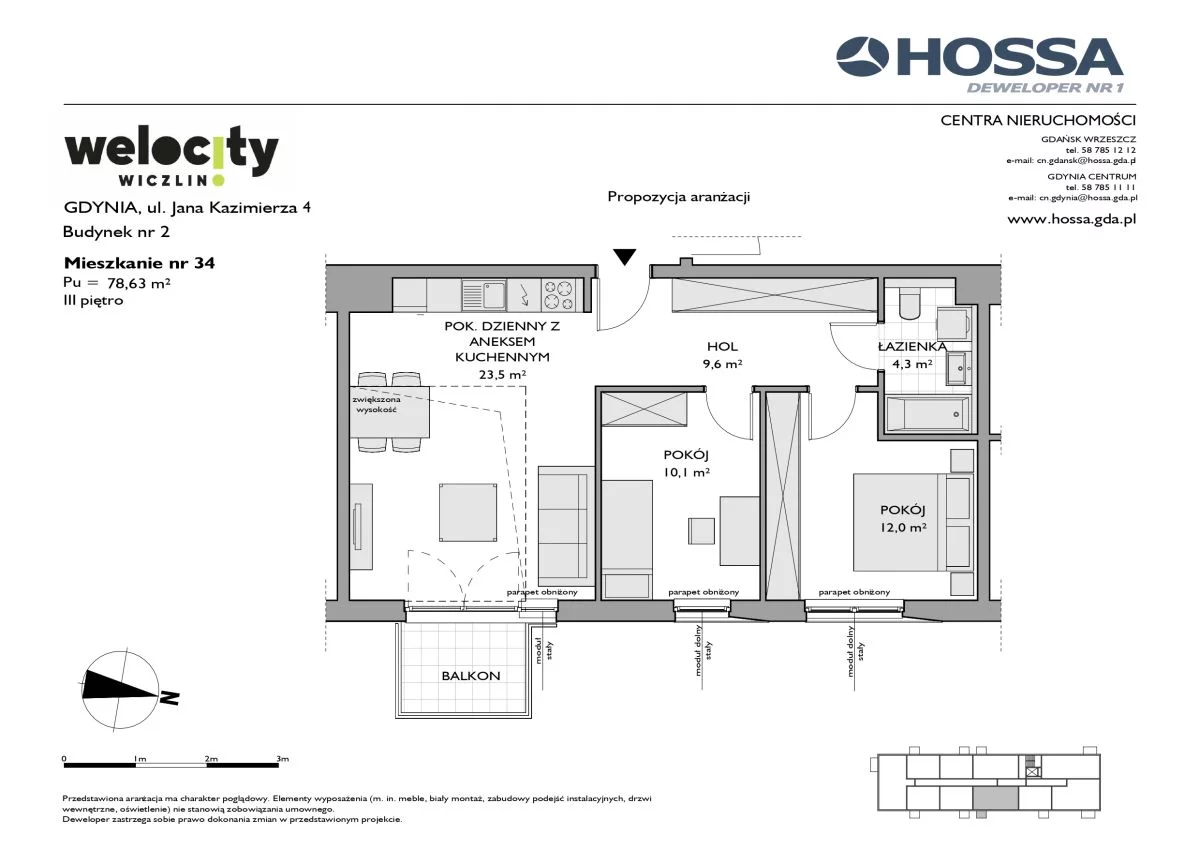 3 pokoje, mieszkanie 61,35 m², piętro 3, oferta nr W/2/34, Welocity Wiczlino, Gdynia, Chwarzno-Wiczlino, ul. Jana Kazimierza