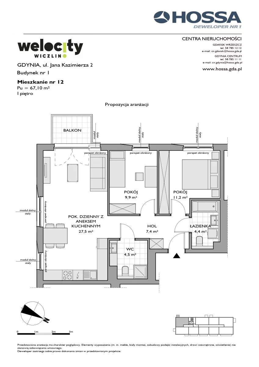 Mieszkanie 67,10 m², piętro 1, oferta nr W/1/12, Welocity Wiczlino, Gdynia, Chwarzno-Wiczlino, ul. Jana Kazimierza