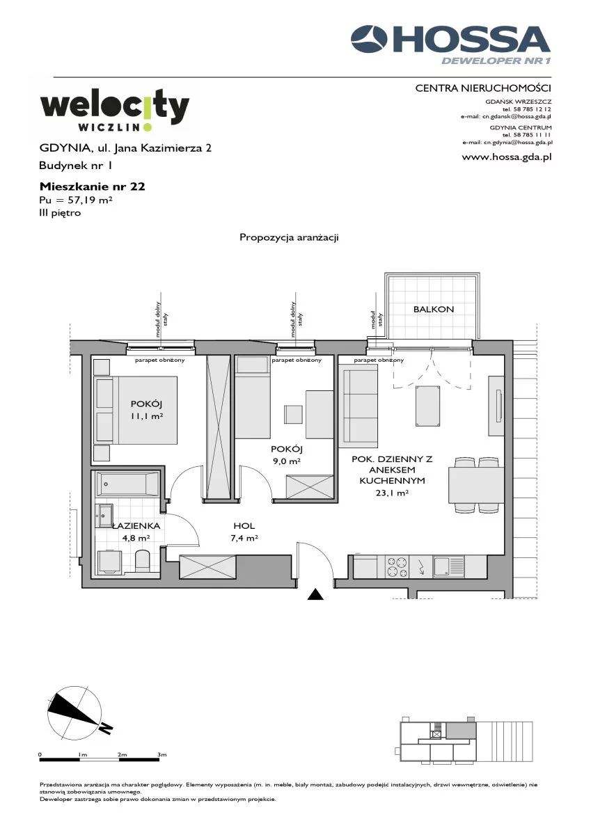 3 pokoje, mieszkanie 57,19 m², piętro 3, oferta nr W/1/22, Welocity Wiczlino, Gdynia, Chwarzno-Wiczlino, ul. Jana Kazimierza