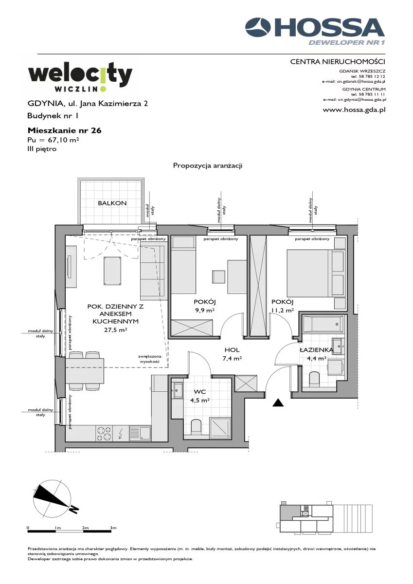 Mieszkanie 67,10 m², piętro 3, oferta nr W/1/26, Welocity Wiczlino, Gdynia, Chwarzno-Wiczlino, ul. Jana Kazimierza