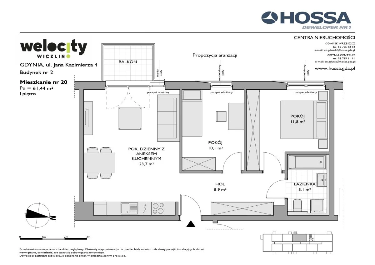 3 pokoje, mieszkanie 61,44 m², piętro 1, oferta nr W/2/20, Welocity Wiczlino, Gdynia, Chwarzno-Wiczlino, ul. Jana Kazimierza