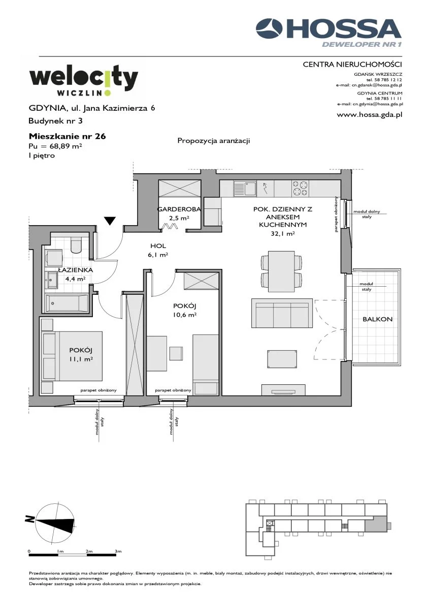 3 pokoje, mieszkanie 68,89 m², piętro 1, oferta nr W/3/26, Welocity Wiczlino, Gdynia, Chwarzno-Wiczlino, ul. Jana Kazimierza