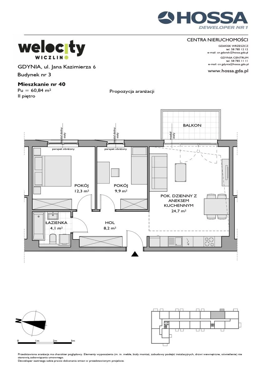 3 pokoje, mieszkanie 60,84 m², piętro 2, oferta nr W/3/40, Welocity Wiczlino, Gdynia, Chwarzno-Wiczlino, ul. Jana Kazimierza