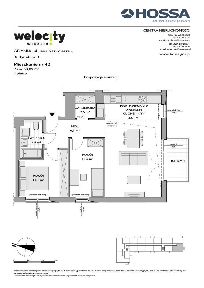 3 pokoje, mieszkanie 68,89 m², piętro 2, oferta nr W/3/42, Welocity Wiczlino, Gdynia, Chwarzno-Wiczlino, ul. Jana Kazimierza