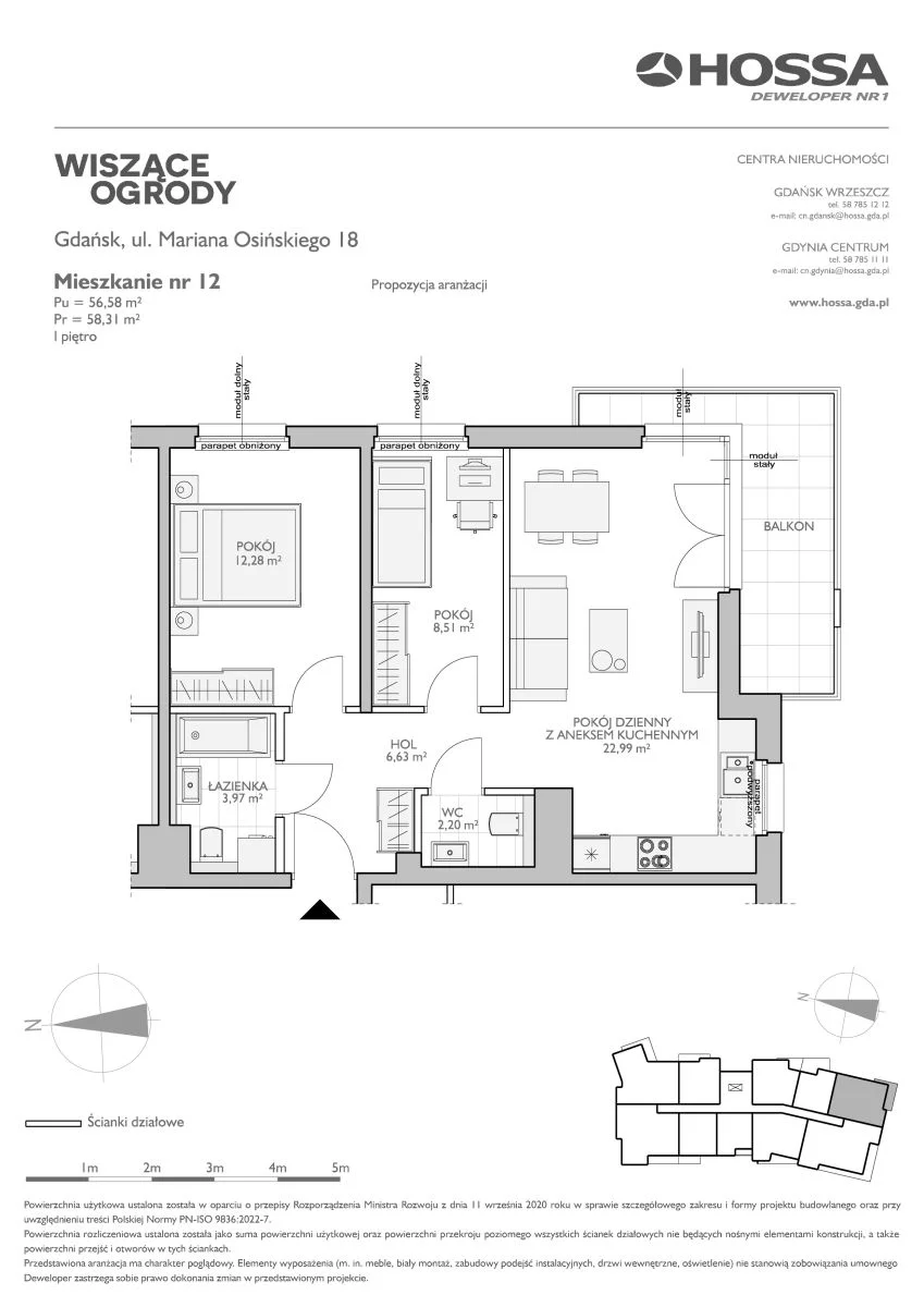 3 pokoje, mieszkanie 58,31 m², piętro 1, oferta nr WO/O18/12, Wiszące Ogrody, Gdańsk, Jasień, Kiełpinek, ul. Przytulna