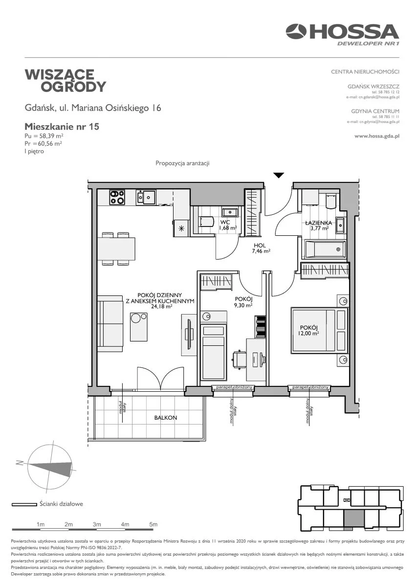 3 pokoje, mieszkanie 60,56 m², piętro 1, oferta nr WO/O16/15, Wiszące Ogrody, Gdańsk, Jasień, Kiełpinek, ul. Przytulna