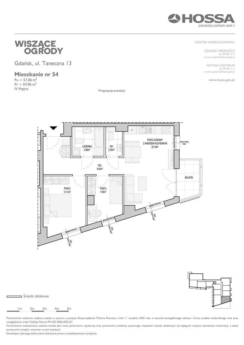 3 pokoje, mieszkanie 59,96 m², piętro 4, oferta nr WO/T/13/54, Wiszące Ogrody, Gdańsk, Jasień, Kiełpinek, ul. Przytulna