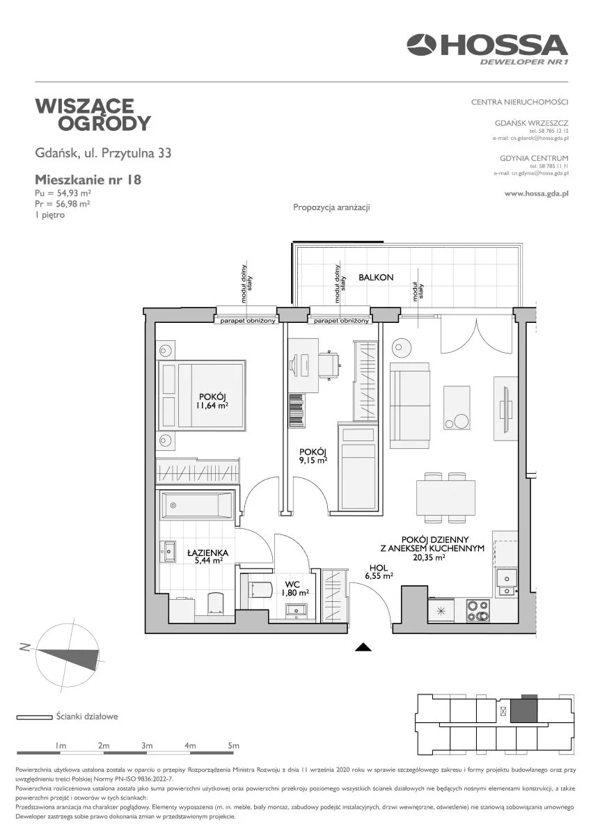 3 pokoje, mieszkanie 56,98 m², piętro 1, oferta nr WO/P33/18, Wiszące Ogrody, Gdańsk, Jasień, Kiełpinek, ul. Przytulna