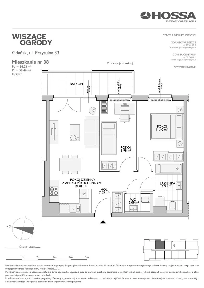 3 pokoje, mieszkanie 56,46 m², piętro 2, oferta nr WO/P33/38, Wiszące Ogrody, Gdańsk, Jasień, Kiełpinek, ul. Przytulna