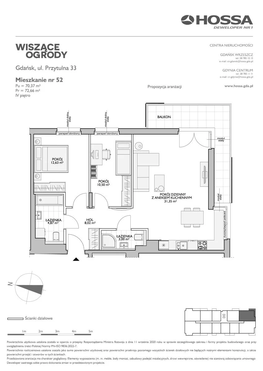 3 pokoje, mieszkanie 72,66 m², piętro 4, oferta nr WO/P33/52, Wiszące Ogrody, Gdańsk, Jasień, Kiełpinek, ul. Przytulna