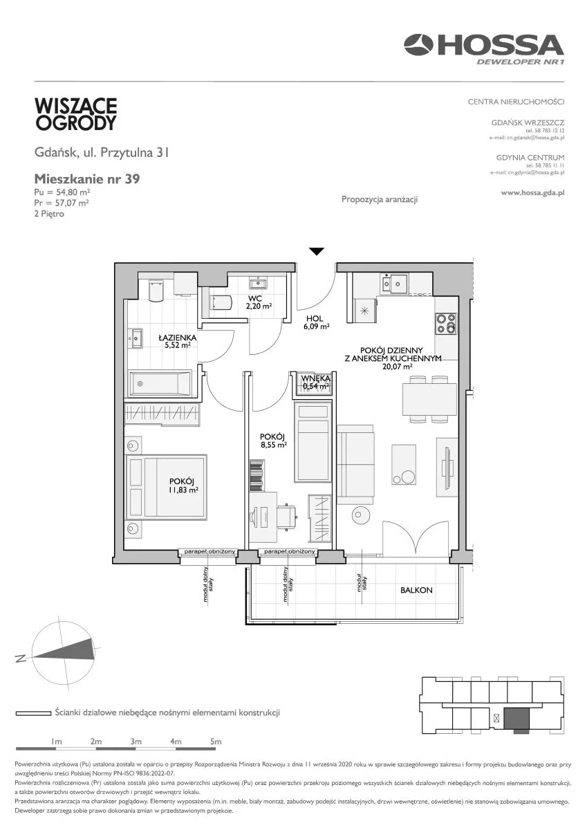 3 pokoje, mieszkanie 57,07 m², piętro 2, oferta nr WO/P31/39, Wiszące Ogrody, Gdańsk, Jasień, Kiełpinek, ul. Przytulna