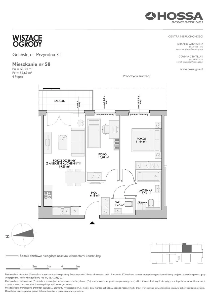 3 pokoje, mieszkanie 55,69 m², piętro 4, oferta nr WO/P31/58, Wiszące Ogrody, Gdańsk, Jasień, Kiełpinek, ul. Przytulna
