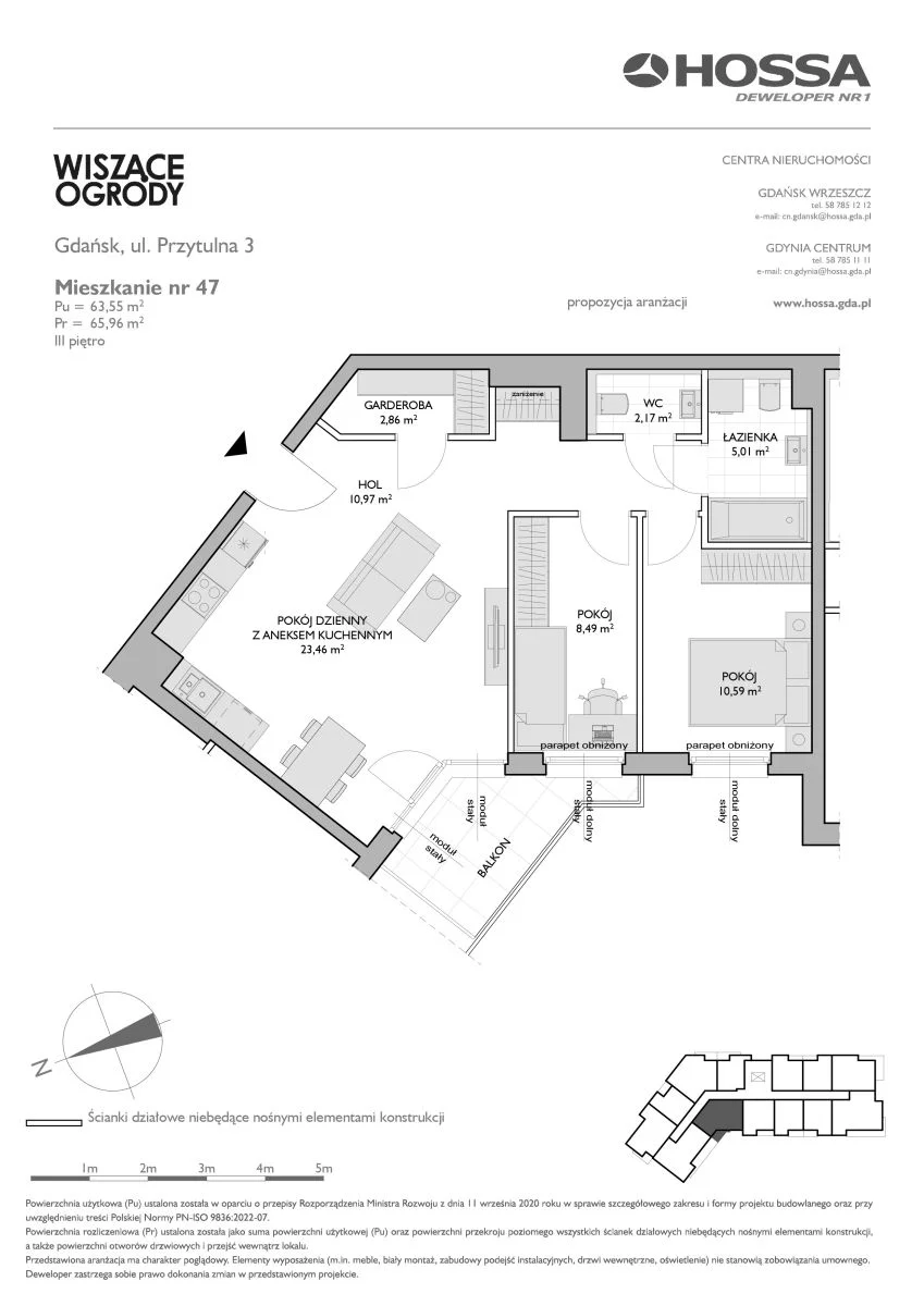 3 pokoje, mieszkanie 65,96 m², piętro 3, oferta nr WO/P3/47, Wiszące Ogrody, Gdańsk, Jasień, Kiełpinek, ul. Przytulna