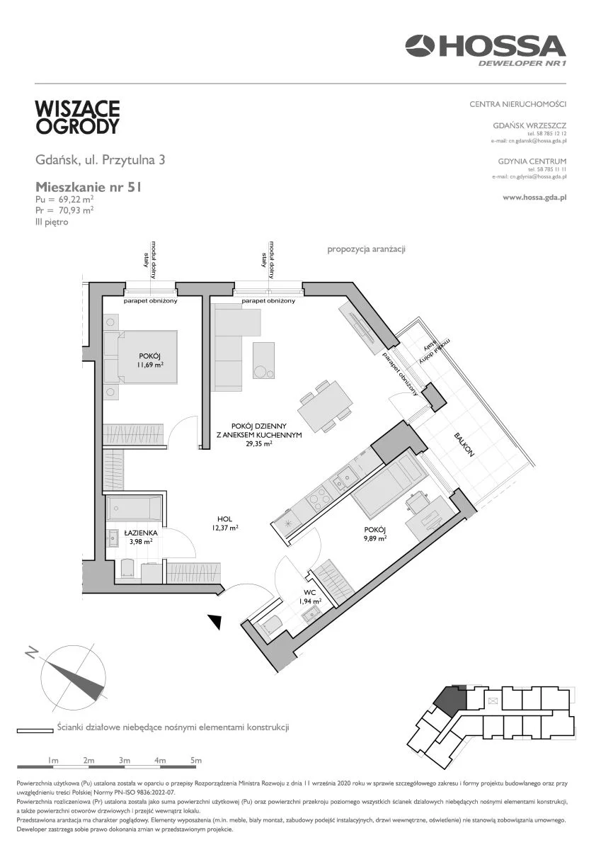 3 pokoje, mieszkanie 70,93 m², piętro 3, oferta nr WO/P3/51, Wiszące Ogrody, Gdańsk, Jasień, Kiełpinek, ul. Przytulna