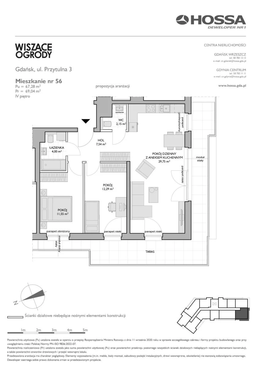3 pokoje, mieszkanie 69,04 m², piętro 4, oferta nr WO/P3/56, Wiszące Ogrody, Gdańsk, Jasień, Kiełpinek, ul. Przytulna