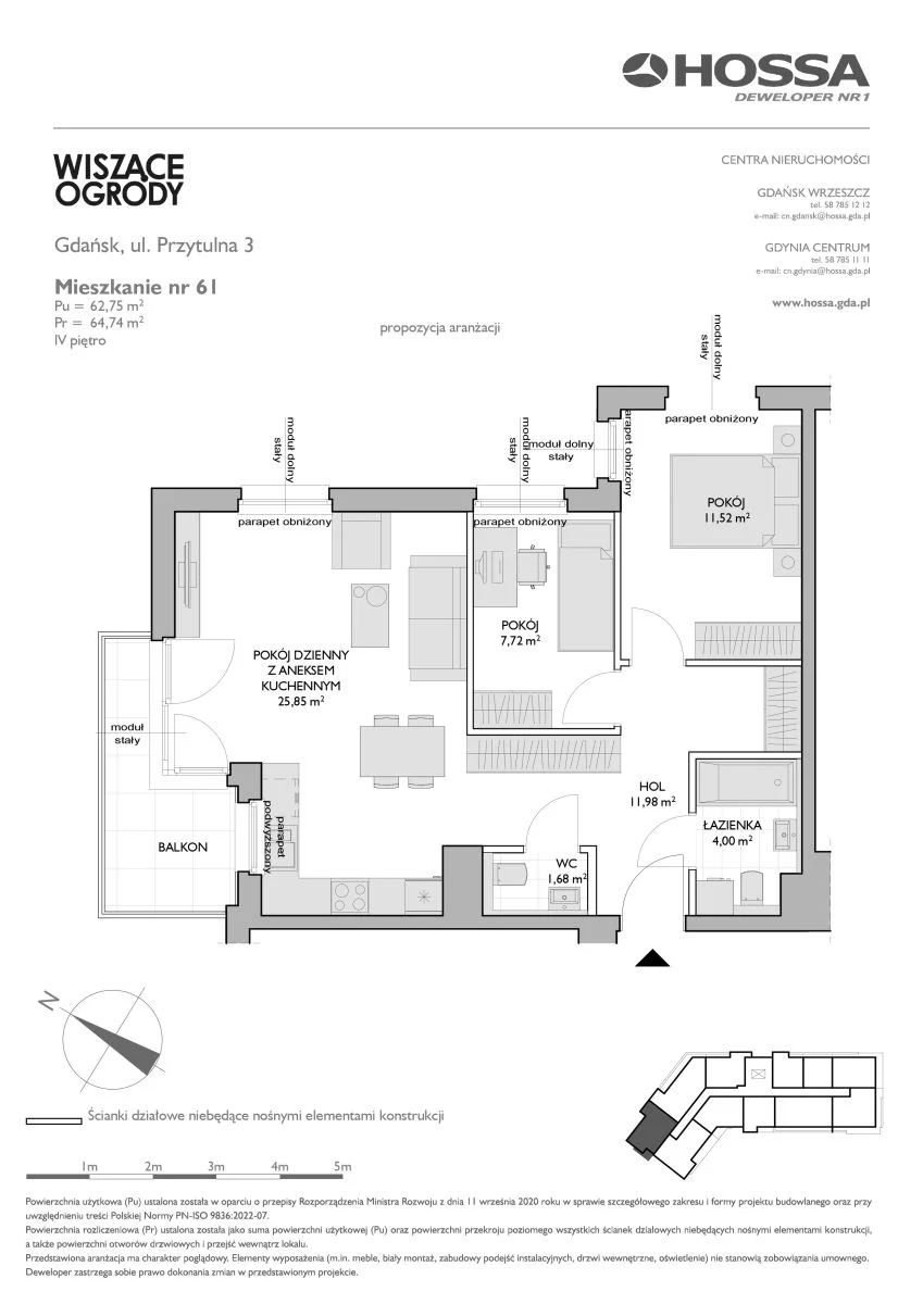 3 pokoje, mieszkanie 64,74 m², piętro 4, oferta nr WO/P3/61, Wiszące Ogrody, Gdańsk, Jasień, Kiełpinek, ul. Przytulna