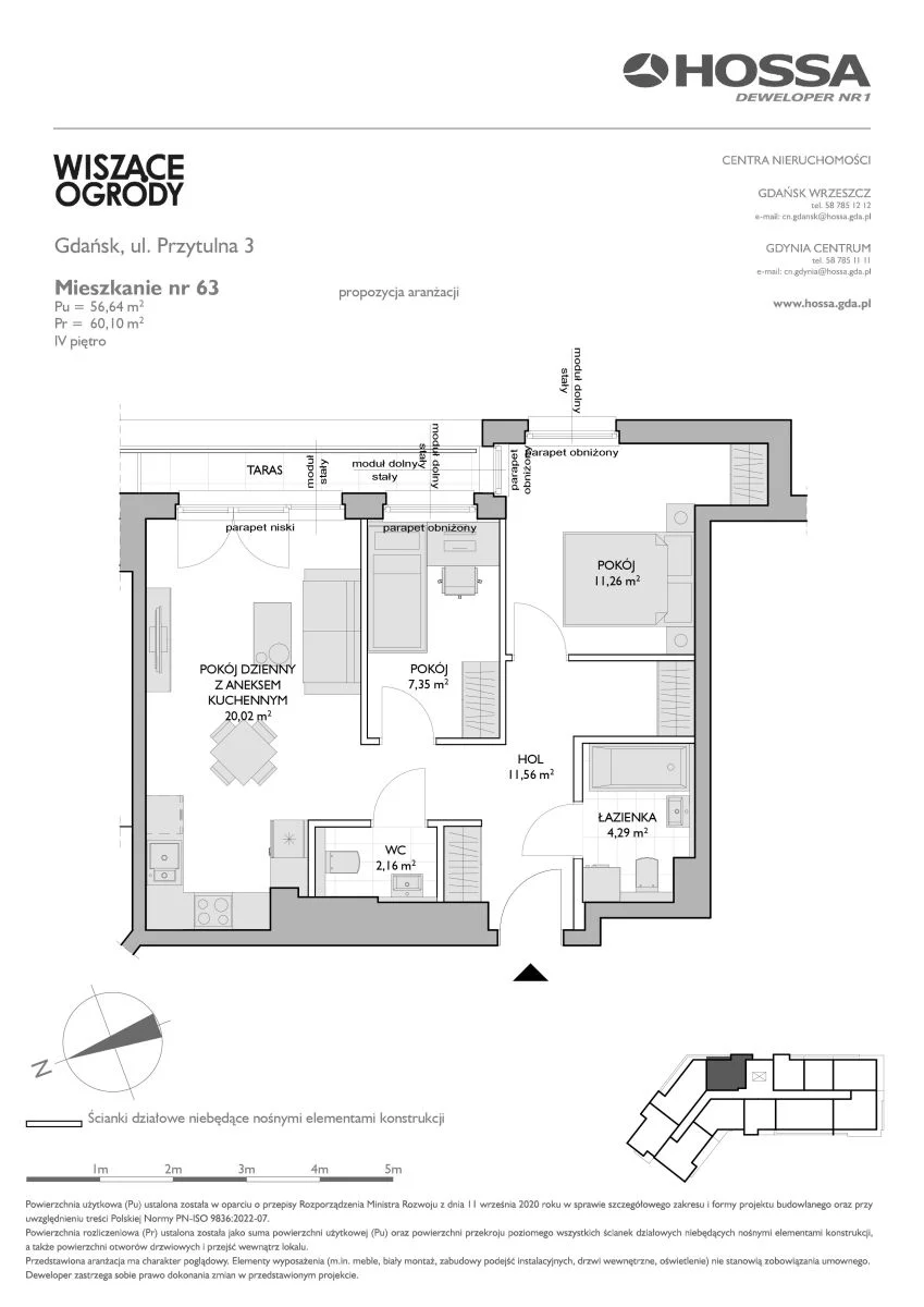 3 pokoje, mieszkanie 60,10 m², piętro 4, oferta nr WO/P3/63, Wiszące Ogrody, Gdańsk, Jasień, Kiełpinek, ul. Przytulna