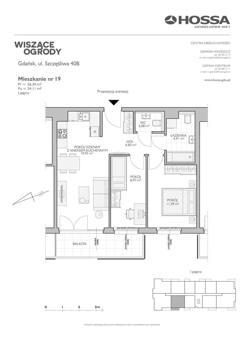 3 pokoje, mieszkanie 56,34 m², piętro 1, oferta nr WO/B2/19, Wiszące Ogrody, Gdańsk, Jasień, Kiełpinek, ul. Przytulna
