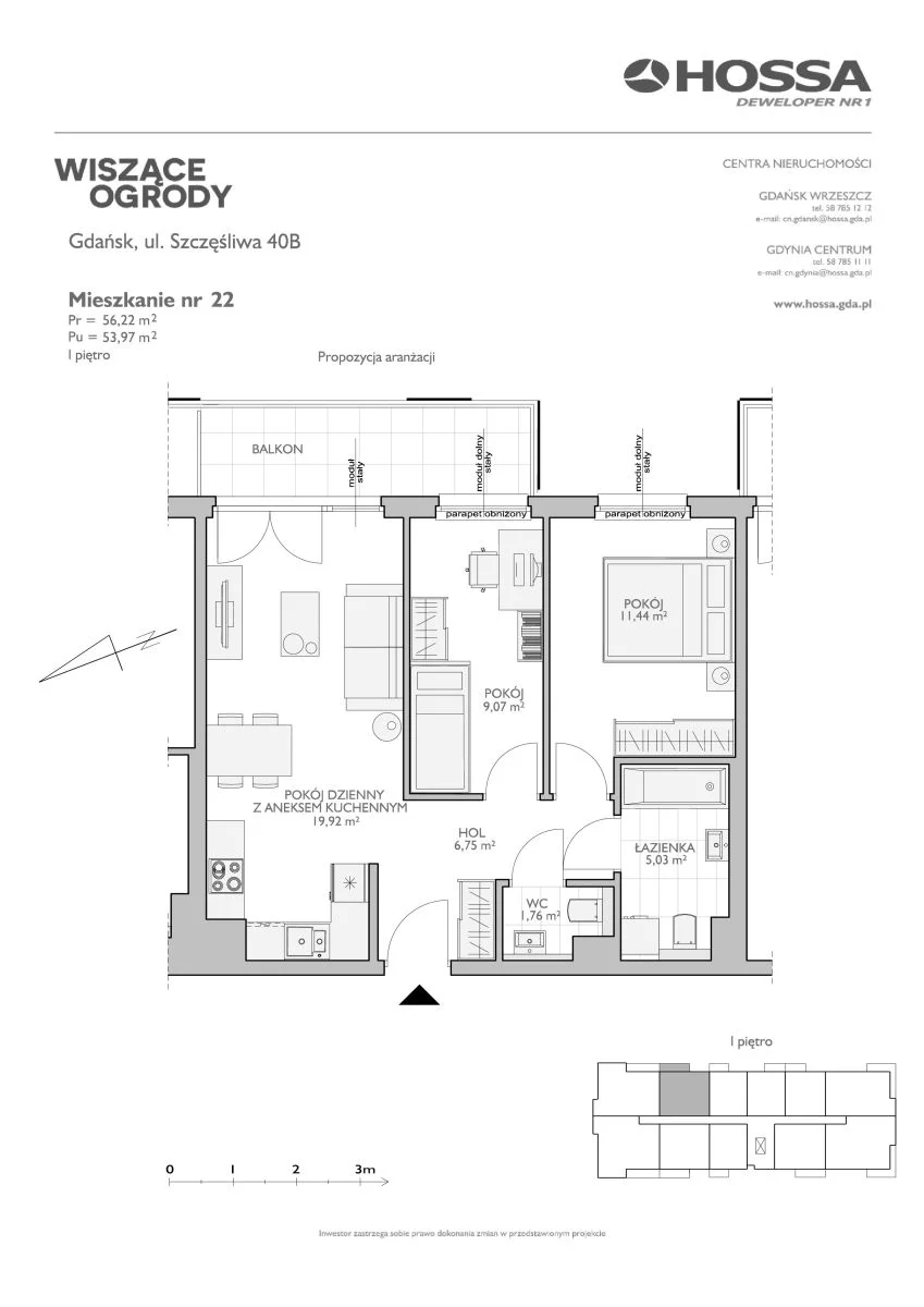 3 pokoje, mieszkanie 56,22 m², piętro 1, oferta nr WO/B2/22, Wiszące Ogrody, Gdańsk, Jasień, Kiełpinek, ul. Przytulna