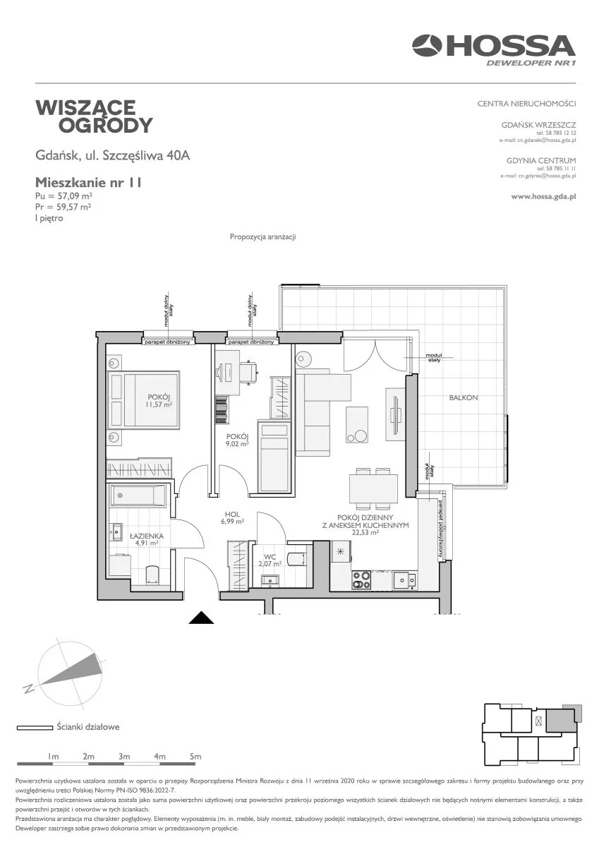 3 pokoje, mieszkanie 59,57 m², piętro 1, oferta nr WO/B3/11, Wiszące Ogrody, Gdańsk, Jasień, Kiełpinek, ul. Przytulna