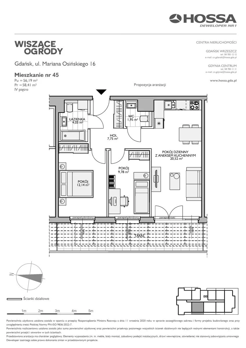 Mieszkanie 58,41 m², piętro 4, oferta nr WO/O16/45, Wiszące Ogrody, Gdańsk, Jasień, Kiełpinek, ul. Przytulna