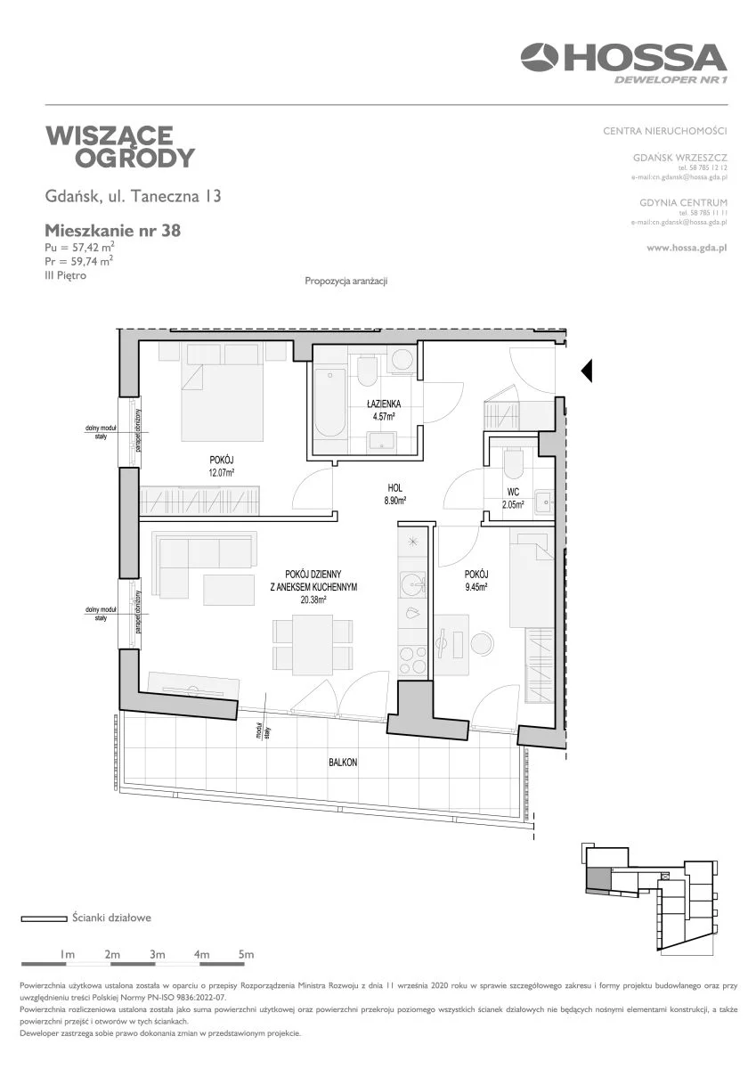 Mieszkanie 59,74 m², piętro 3, oferta nr WO/T/13/38, Wiszące Ogrody, Gdańsk, Jasień, Kiełpinek, ul. Przytulna