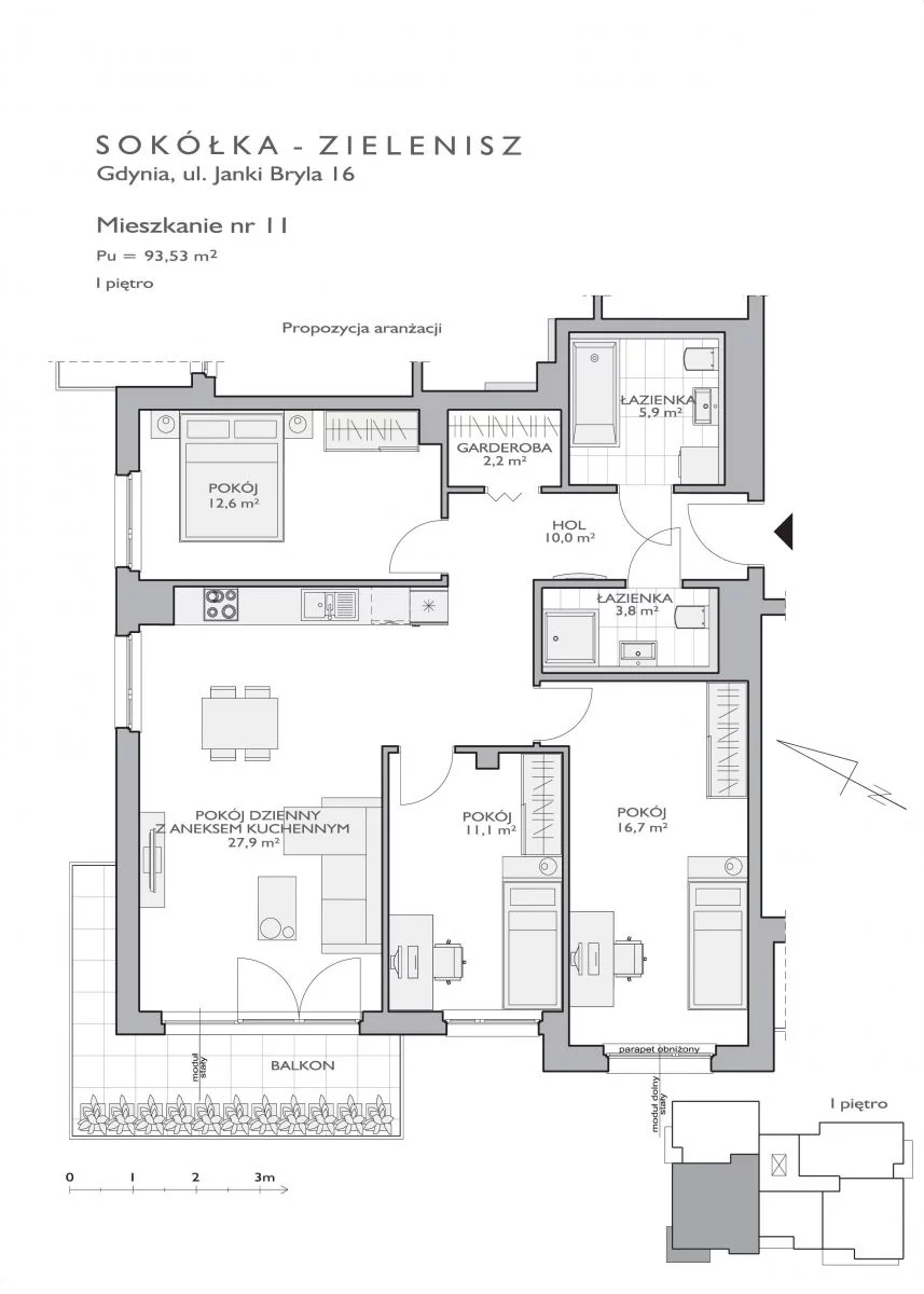 Mieszkanie 93,28 m², piętro 1, oferta nr SZ/JB/16/11, Sokółka Zielenisz, Gdynia, Chwarzno-Wiczlino, ul. bpa Baranauskasa