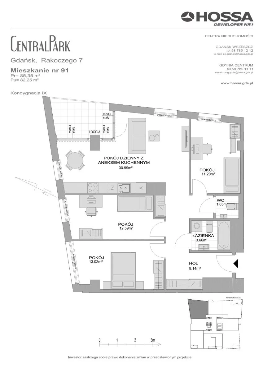 4 pokoje, mieszkanie 85,35 m², piętro 9, oferta nr CP/R7/91, Centralpark, Gdańsk, Piecki-Migowo, Morena, ul. Franciszka Rakoczego