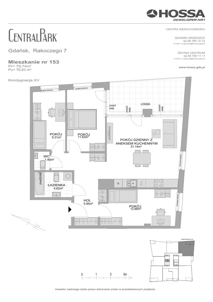 4 pokoje, mieszkanie 79,74 m², piętro 15, oferta nr CP/R7/153, Centralpark, Gdańsk, Piecki-Migowo, Morena, ul. Franciszka Rakoczego