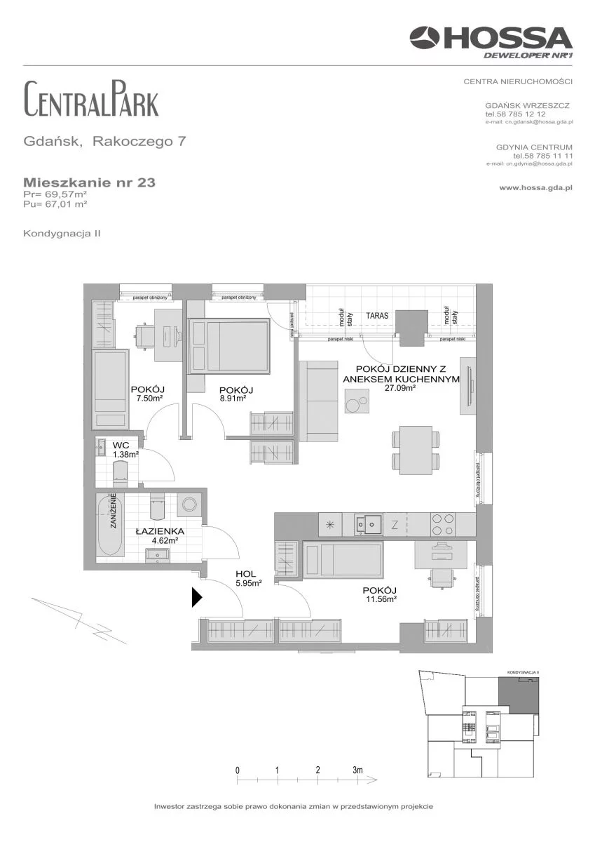 4 pokoje, mieszkanie 69,57 m², piętro 2, oferta nr CP/R7/23, Centralpark, Gdańsk, Piecki-Migowo, Morena, ul. Franciszka Rakoczego