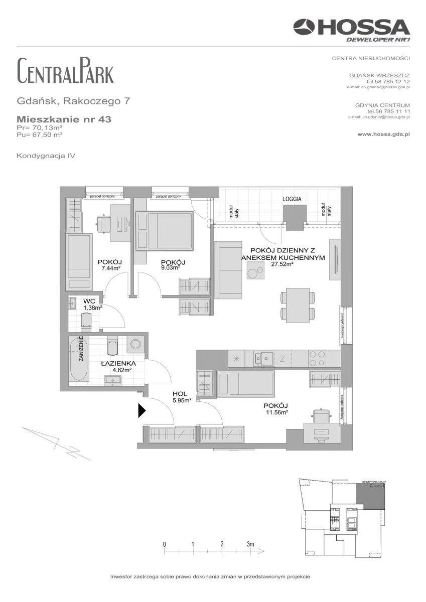 4 pokoje, mieszkanie 70,13 m², piętro 4, oferta nr CP/R7/43, Centralpark, Gdańsk, Piecki-Migowo, Morena, ul. Franciszka Rakoczego