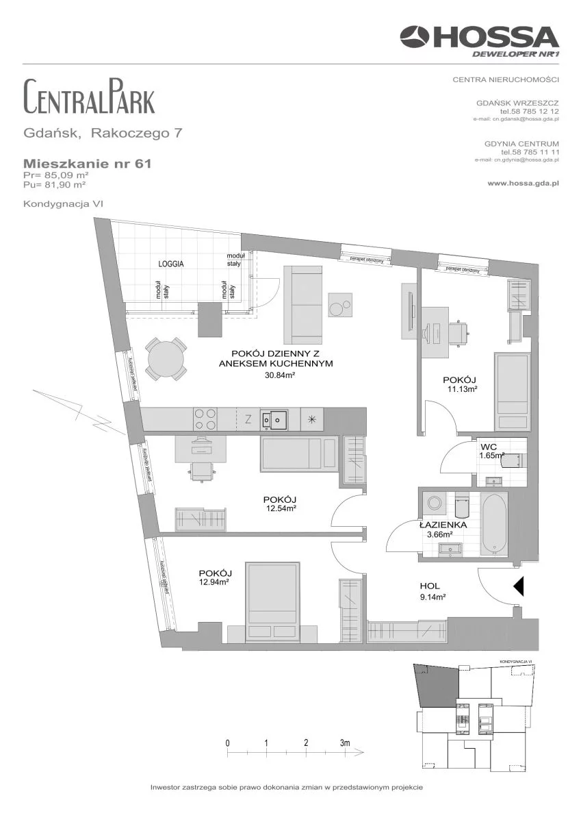 4 pokoje, mieszkanie 85,09 m², piętro 6, oferta nr CP/R7/61, Centralpark, Gdańsk, Piecki-Migowo, Morena, ul. Franciszka Rakoczego