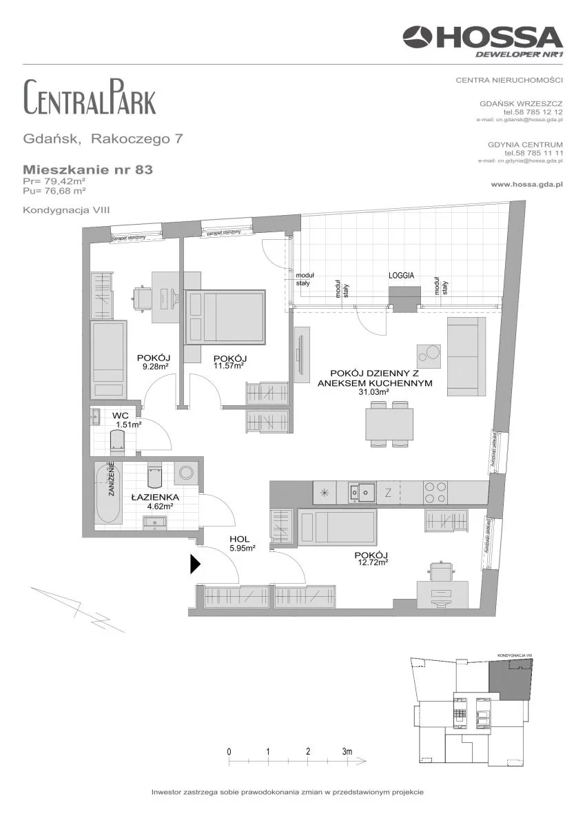 4 pokoje, mieszkanie 79,42 m², piętro 8, oferta nr CP/R7/83, Centralpark, Gdańsk, Piecki-Migowo, Morena, ul. Franciszka Rakoczego