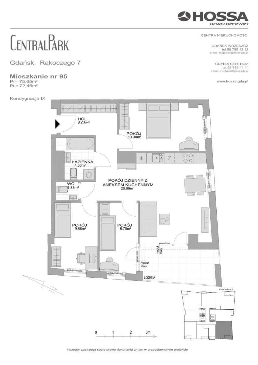 4 pokoje, mieszkanie 75,65 m², piętro 9, oferta nr CP/R7/95, Centralpark, Gdańsk, Piecki-Migowo, Morena, ul. Franciszka Rakoczego