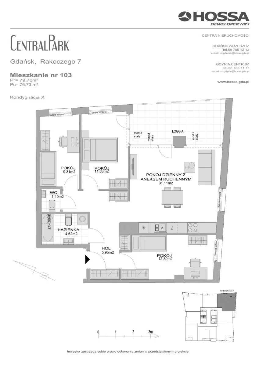 4 pokoje, mieszkanie 79,70 m², piętro 10, oferta nr CP/R7/103, Centralpark, Gdańsk, Piecki-Migowo, Morena, ul. Franciszka Rakoczego