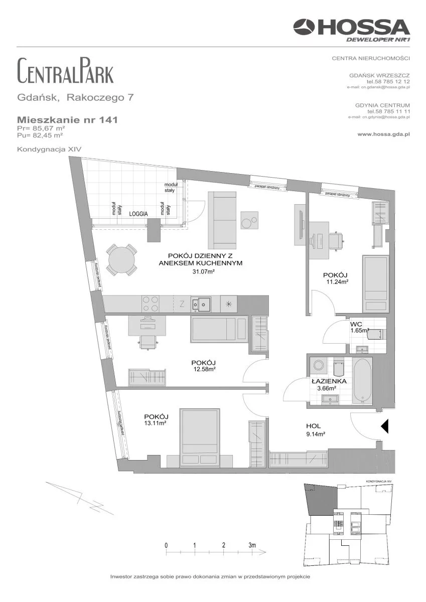 4 pokoje, mieszkanie 85,67 m², piętro 14, oferta nr CP/R7/141, Centralpark, Gdańsk, Piecki-Migowo, Morena, ul. Franciszka Rakoczego
