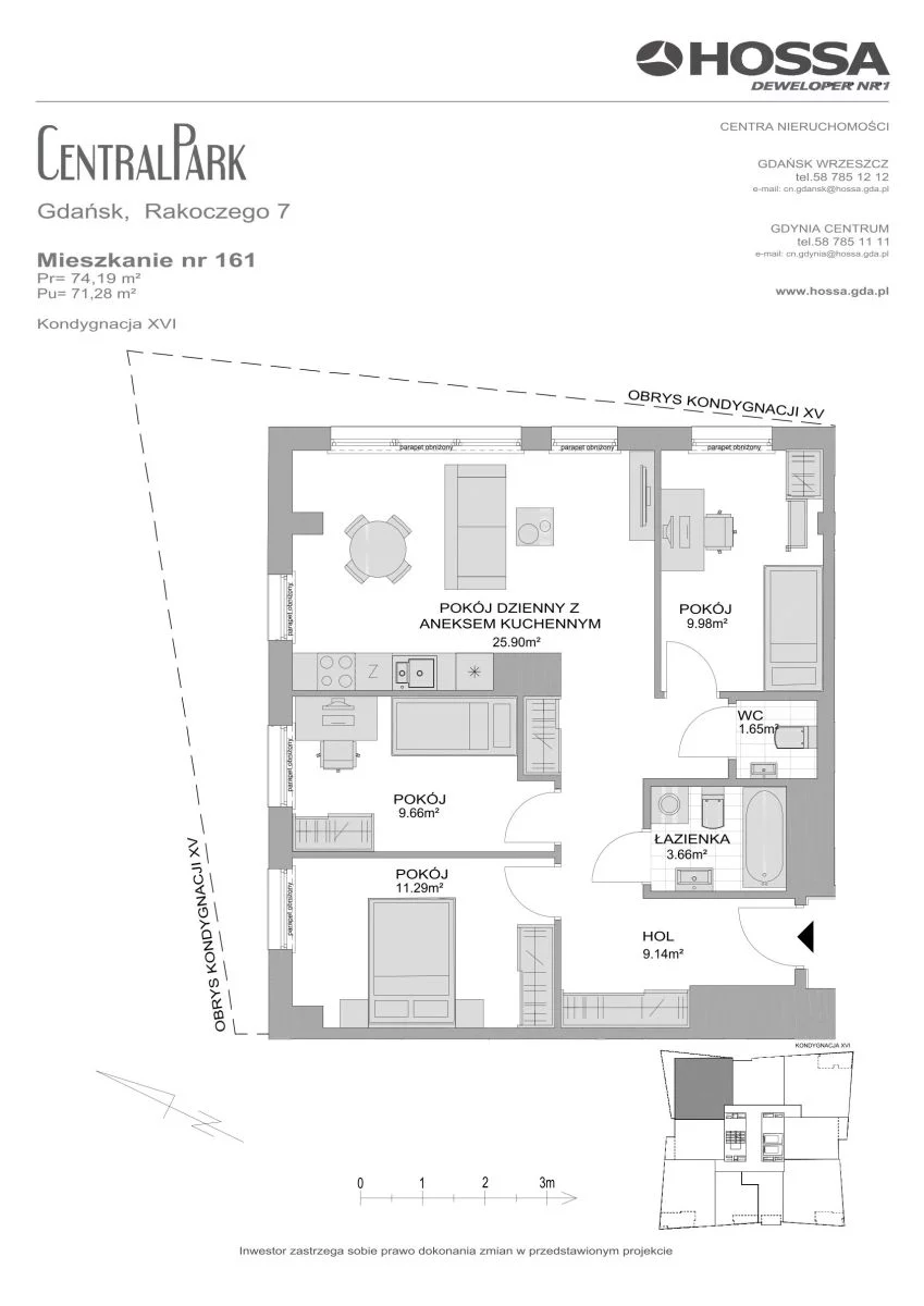4 pokoje, mieszkanie 74,19 m², piętro 16, oferta nr CP/R7/161, Centralpark, Gdańsk, Piecki-Migowo, Morena, ul. Franciszka Rakoczego